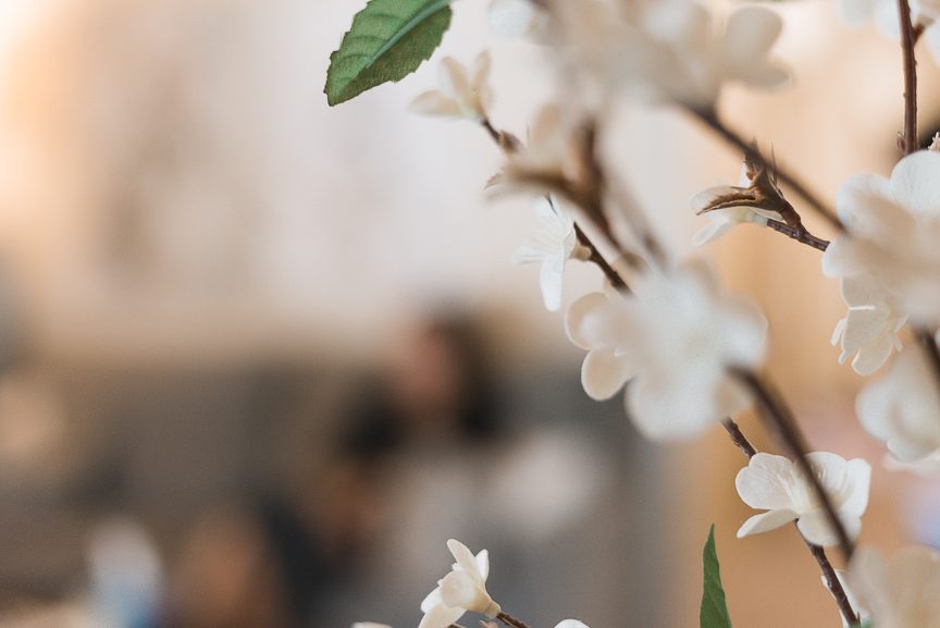 Soft white blossoms in a quiet Babb Center room